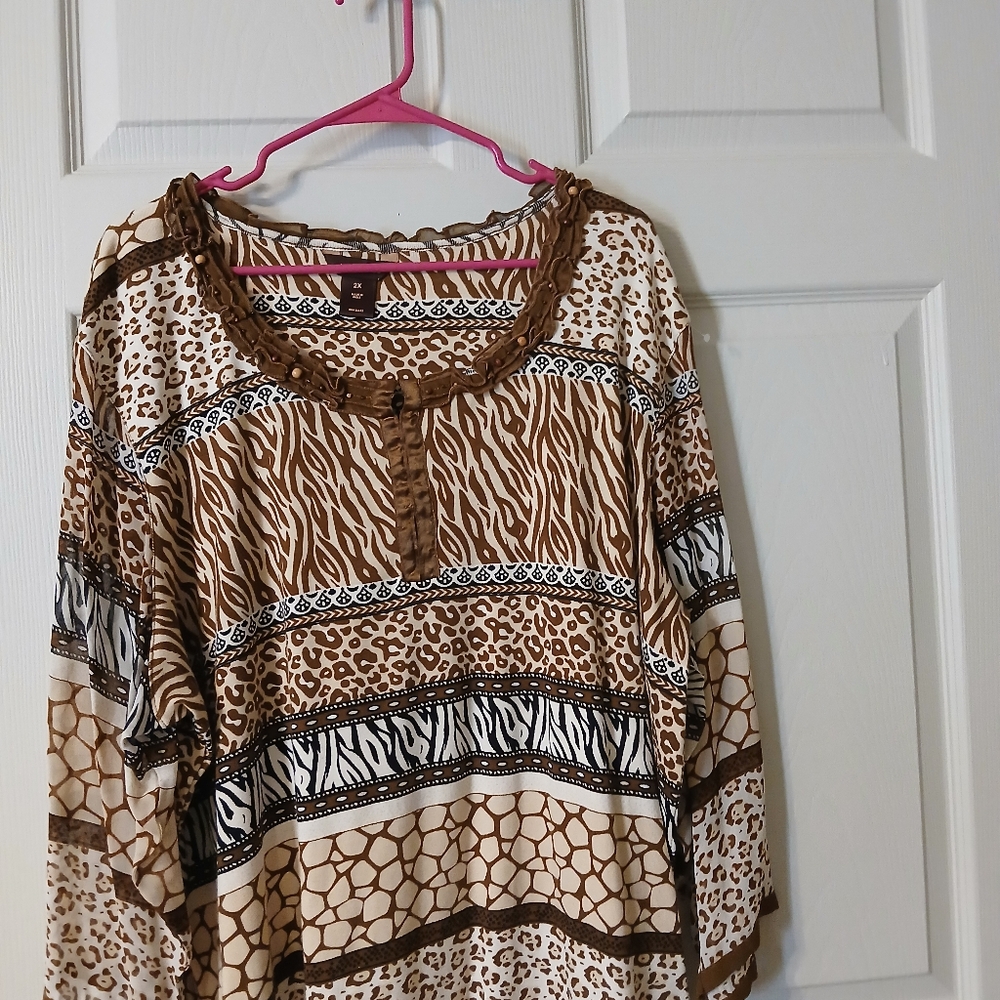 Multiples Zebra and Leopard Print Blouse - Brown and Cream